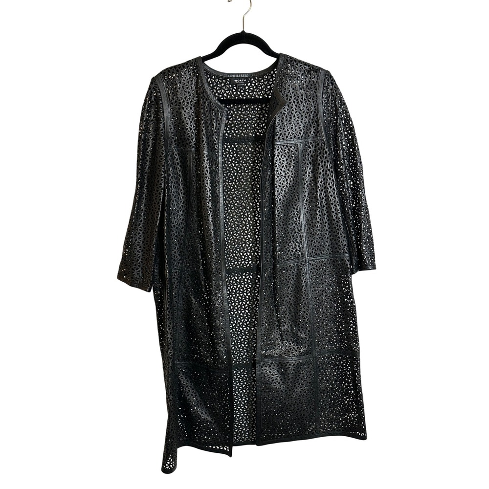 Worth Black Perforated Leather Open-Front Coat
